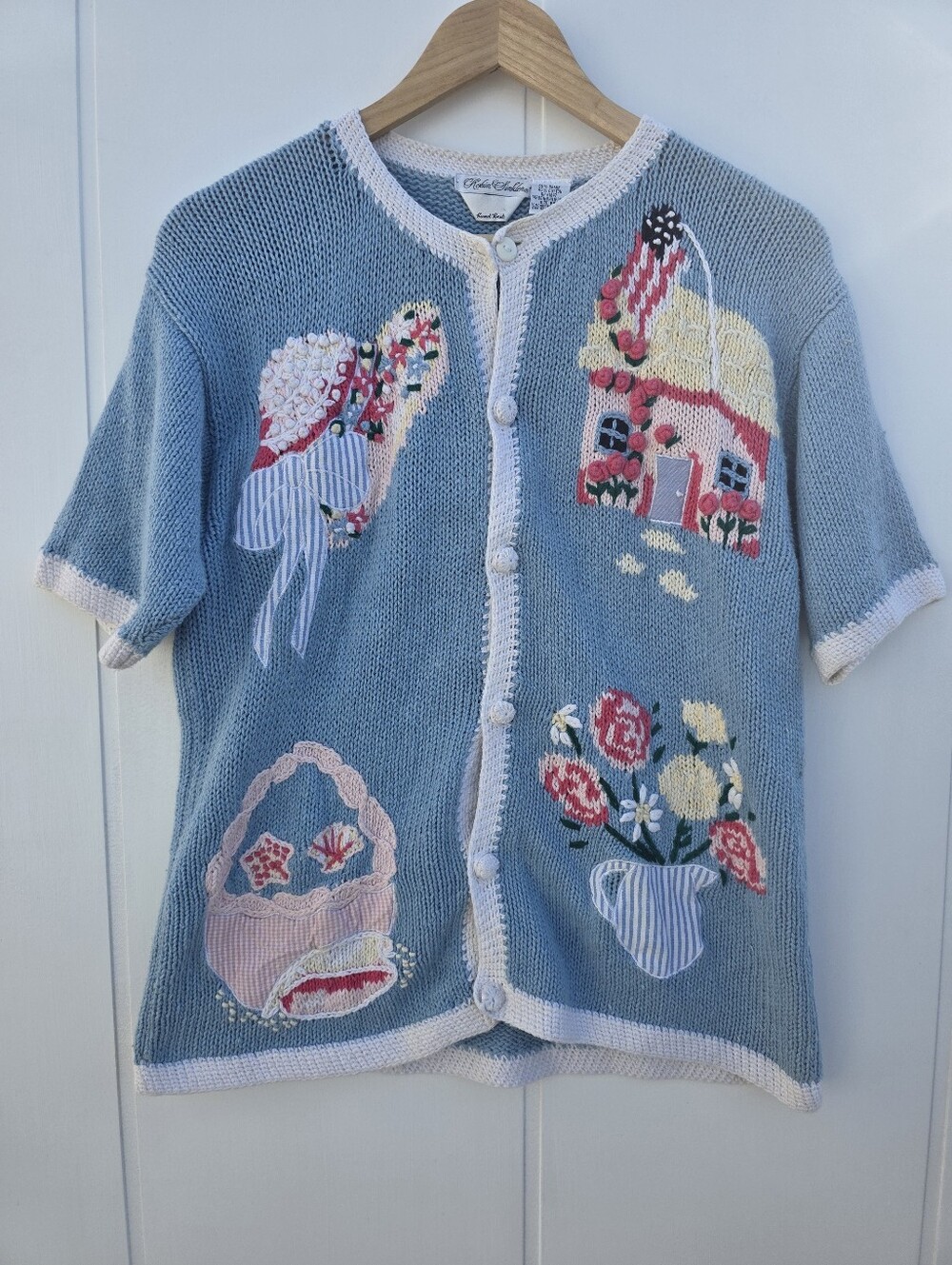 Vintage Robin Sinkler Handknit Cottagecore Grandma Blue Cardigan Sweater Medium